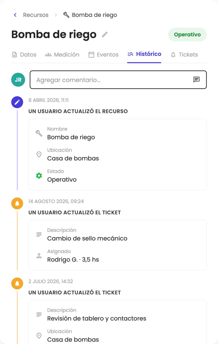 Ficha técnica de un equipo con su historial de intervenciones