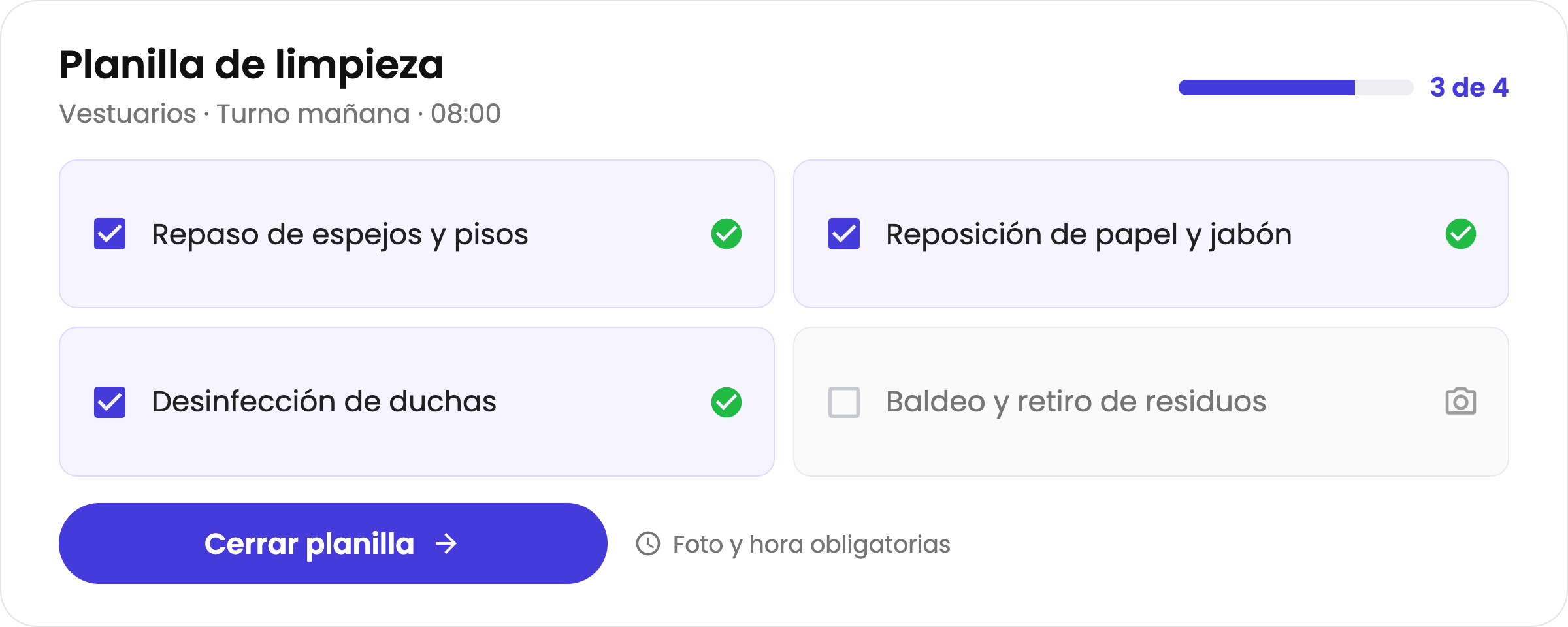 Checklist de ronda de planta completado en OptiTask